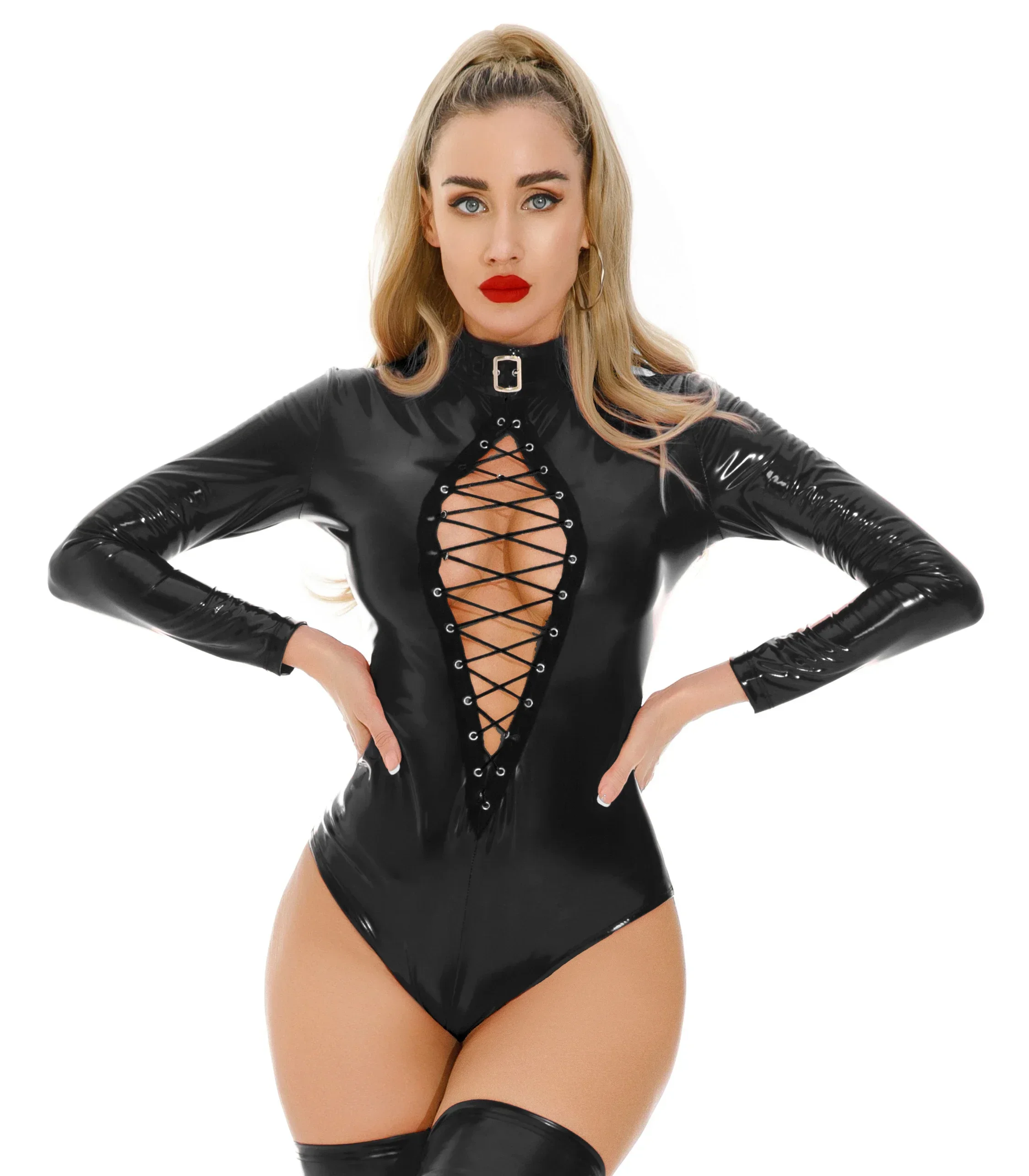

Porno PU Leather Patent High Cut Bodysuits Women Fetish Lingerie Catsuit Bodystocking Suit Sexy Hollow Out Lingerie Costumes