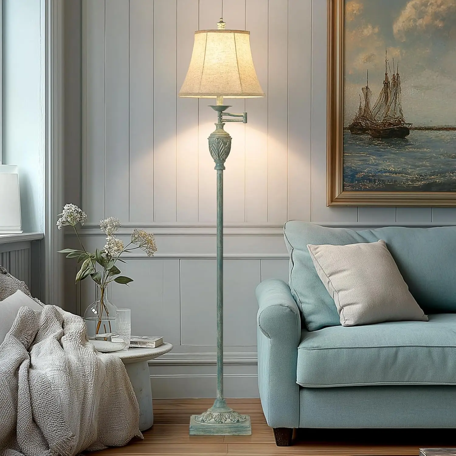 

Vintage LED Floor Lamp with 350° Adjustable Swing Arm, 60.5" Tall, Faux Silk Shade, Perfect for Living Room, Bedroom, Office