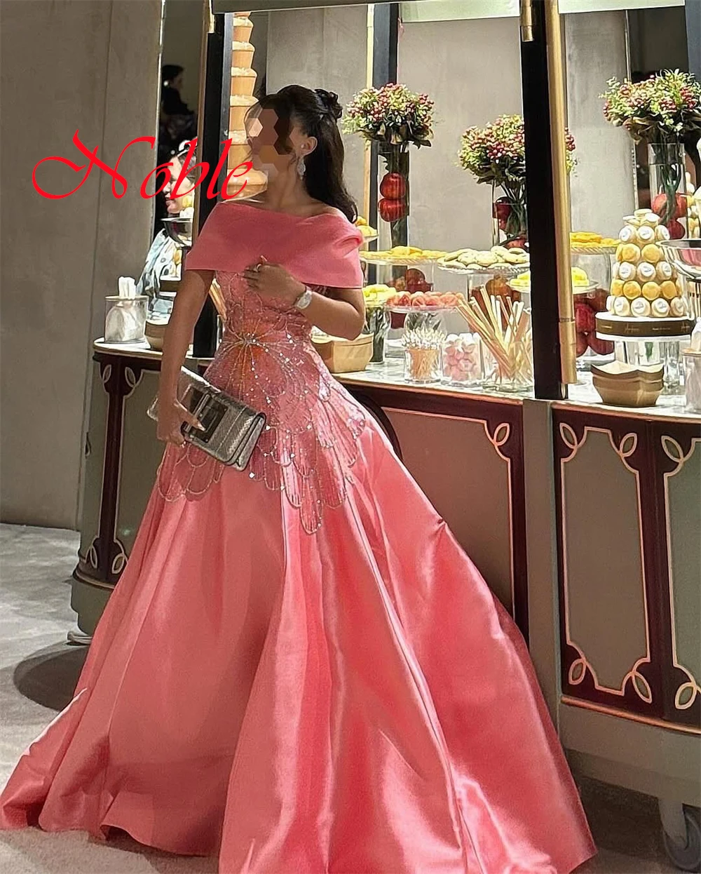 Customized Exquisite Pink Satin Evening Dress Temperament  Boat Neck Off the Shoulder Short Sleeves Zipper Back Celebrity Gowns
