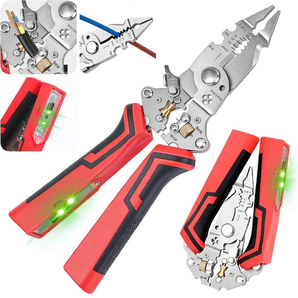 1PCS  14-in-1 Rechargeable Wire Stripping Pliers,12-250V Voltage Detector Alarm Multifunctional Electrical Cable Cutter