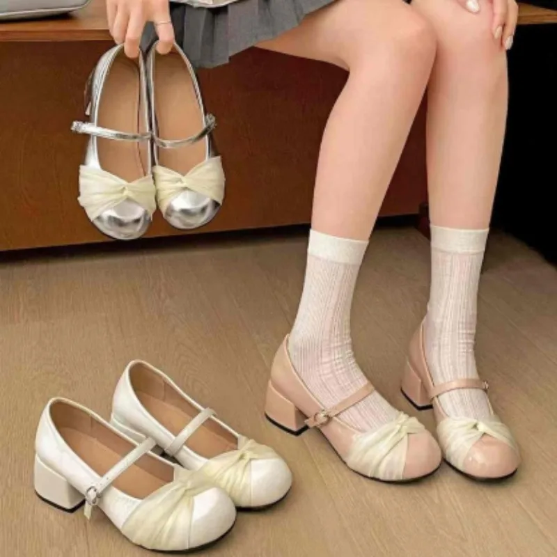 Ladies Round Toe Flat Mary Jane Shoes Cream White Splicing FabricBow Deco Silver Metal Buckle One‑strap Sweet Office Daily Shoes