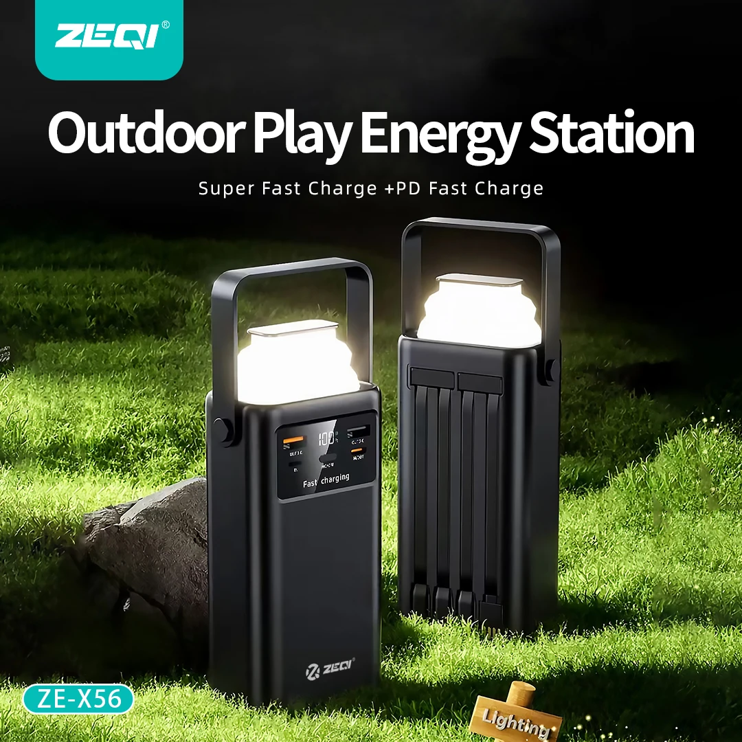 30000mAh Power Bank Built-in Cables PD20W 22.5W Fast Charge Digital Display Portable Powerbank With LED Emergency Light