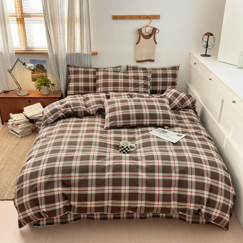 Simple printing large square cotton yarn-dyed washed cotton four-piece set pure cotton soft skin-friendly bedding kit