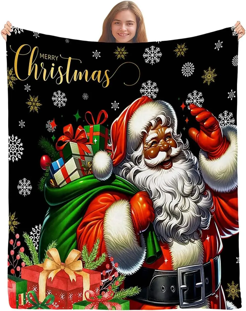 

African American Black Santa Claus Throw Blanket, Christmas Snowflake Xmas Gifts Winter Holiday, Soft Plush Flannel Fleece for