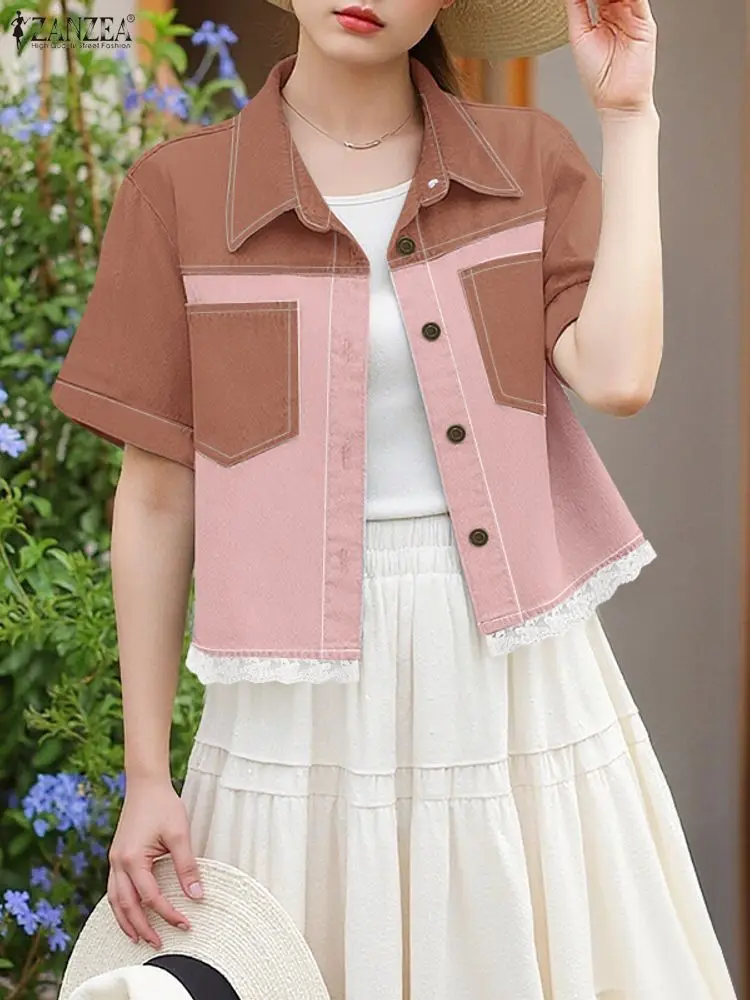 بلوزة ZANZEA للسيدات بأكمام قصيرة مرقعة لعام 2025 قمصان صيفية عصرية غير رسمية برقبة على شكل طية صدر السترة وأزرار قميص أنيق للعمل المكتبي #2