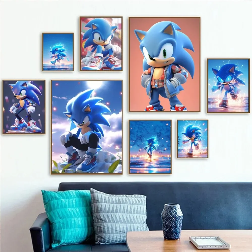 Pegatinas de póster de The Hedgehog Sonics, murales de pared artísticos, decoración de sala de juegos, regalos, pintura Kawaii HD, coches de gato, 1