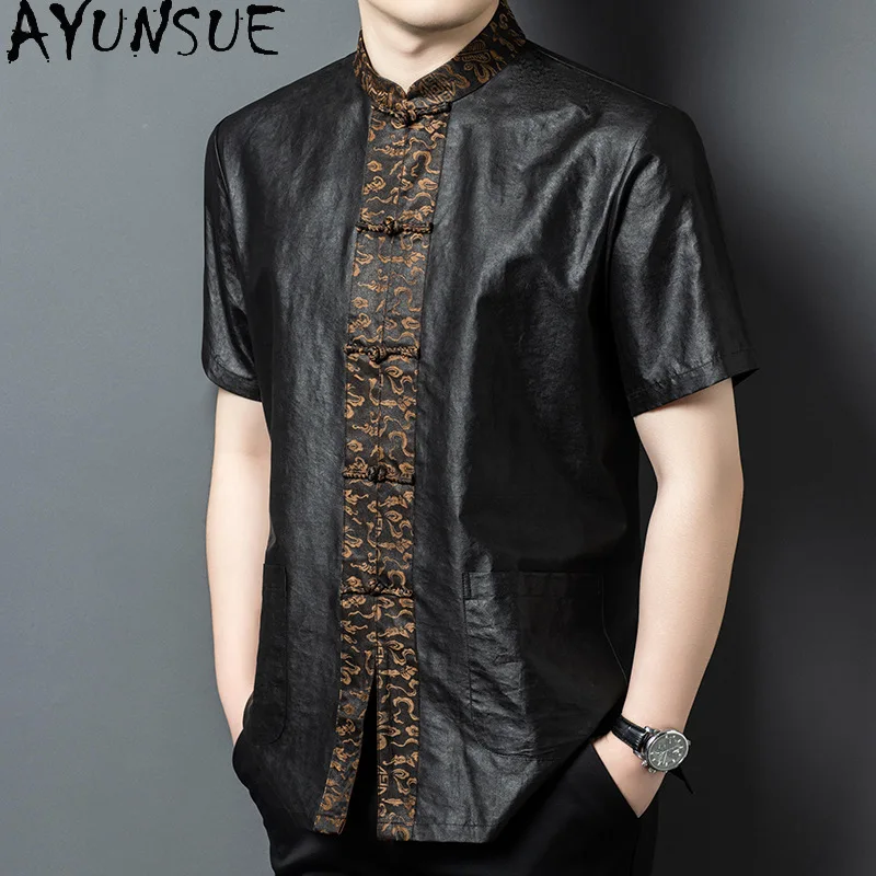 AYUNSUE Luxury Gauze Silk Short Sleeve Shirts for Men 2025 Summer 100% Mulberry Silk Retro Shirt Man Clothing chemises hommes
