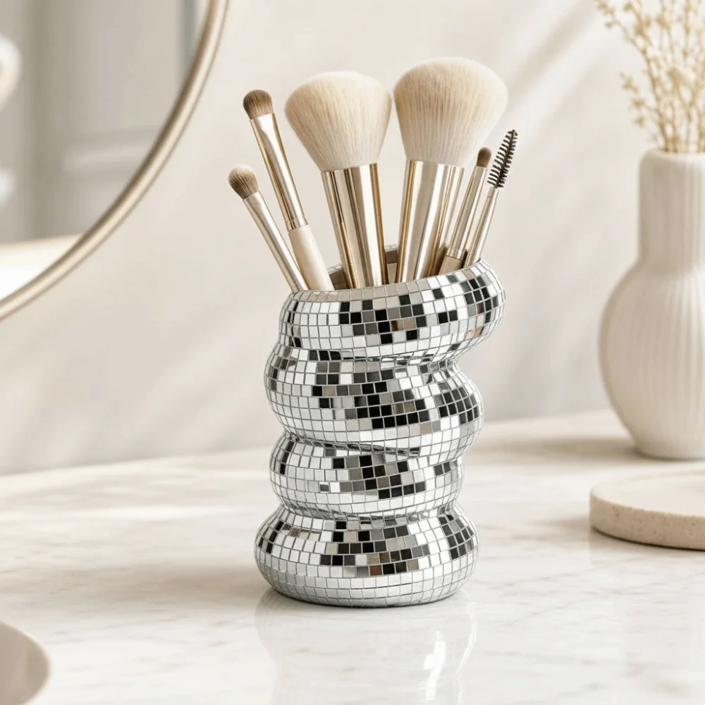 Decorative Flower Vase Disco Ball Vase Glass Mosaic Reflective Surface Mosaic Flower Vase Silver Wavy Structure Mirror Tile Vase