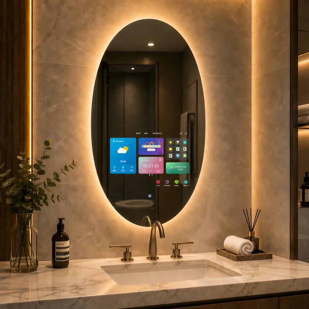 21.5 Inch Waterproof Smart Bathroom Mirror TV 1080p Front/Back Light Touch Screen Control Android System Support Download Custom