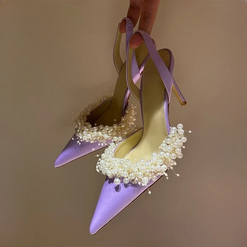 

New 2025 Satin Pearl Decor Thin Hight Heels Sandalias Women Pointed Toe Sexy Sandals Summer Party Dress Shoes Wedding Shoes