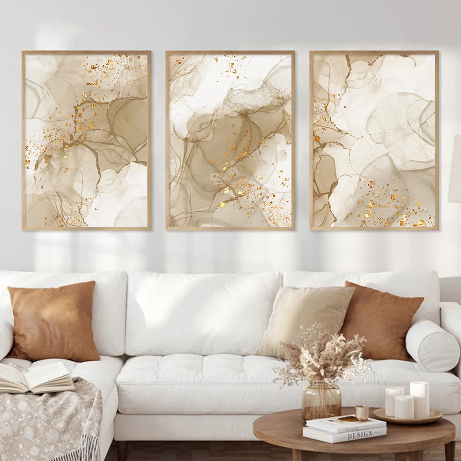 Modern Abstract Beige Golden Marble Boho Poster Wall Art Canvas Painting Print Pictures for Living Room Interior Home Decoration