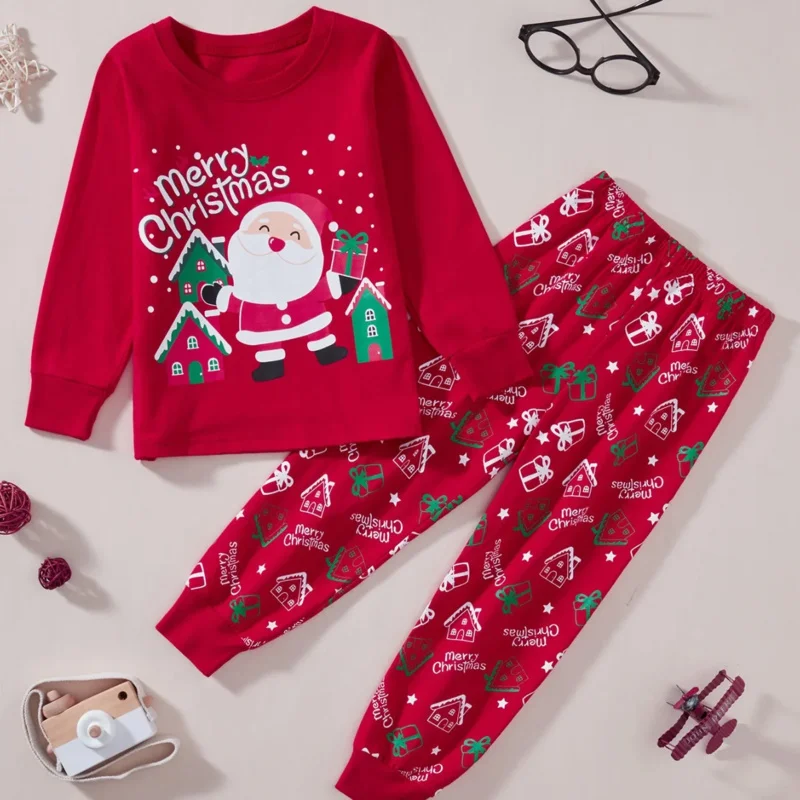 طقم بيجامات سانتا كلوز للأولاد والبنات ملابس منزلية للأطفال في عيد الميلاد باللون الأحمر بأكمام طويلة وسراويل علوية من قطعتين ثقوب؛ 3، c'5.b؛ 8'