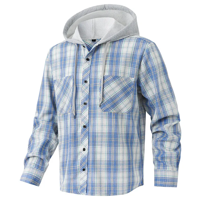 2025 Spring and Autumn New Fashion Trend Plaid Long-Sleeved Shirt Men's Casual Loose Comfortable Sports Large Size Hooded Shirt