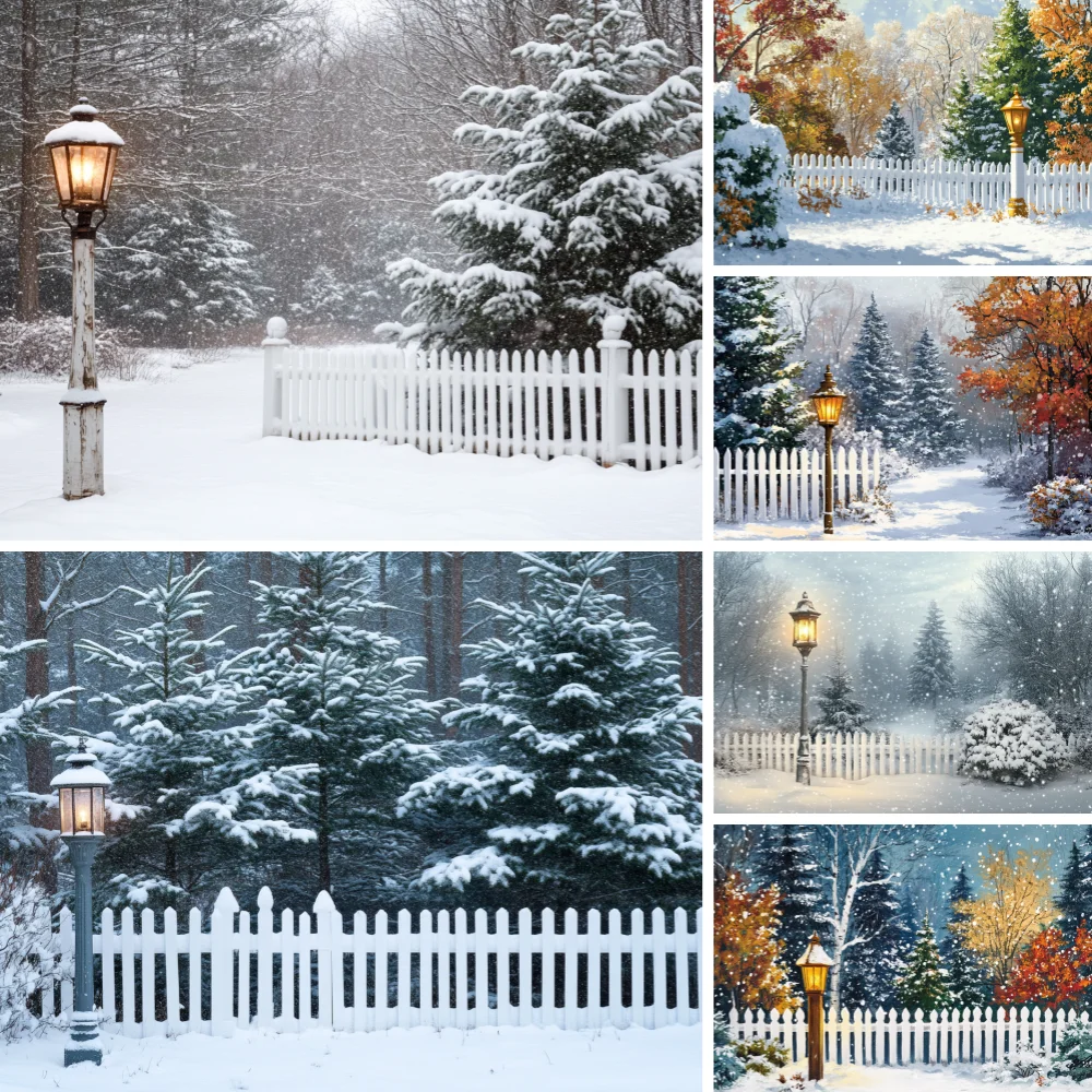 Snowy Pine Forest Photo Background White Fence Retro Street Lamp Winter Snowflake Scenery Fabric Holiday Kid Portrait Decor Prop