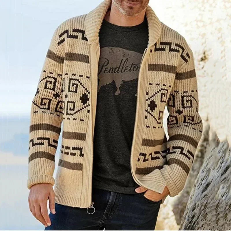 Winter Sweaters Cardigan Men Vintage Jacquard Kintted Jacket Knitwear Fashion Shawl Collar Zipper Casual Thick Cardigans Jersey