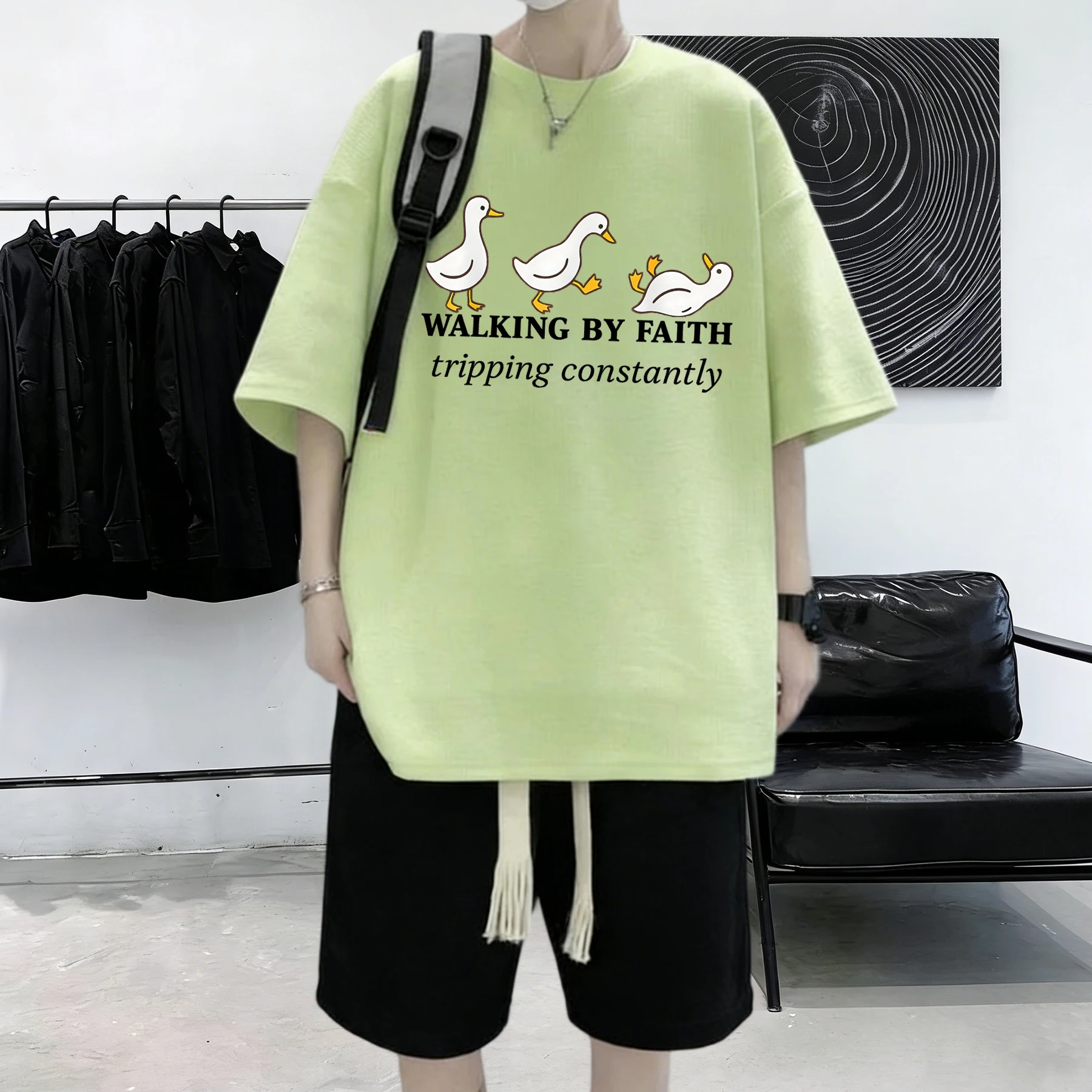 Walking By Faith Tripping Constantly Prints Summer Basics Cotton T Shirt Man Comfortable All-Match Short Sleeve Loose Youth Top
