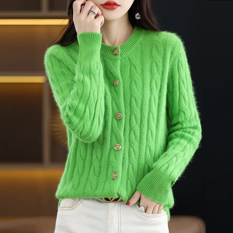 100% Mink Cashmere Cardigan Sweater Women\'s Knitted O-Neck Long Sleeve Top Casual Loose fitting Clothing Korean Fashion Pullover