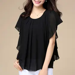 2024 Casual Loose Stylish Round Neck Blouse Female Clothing Commute Ruffles Patchwork All-match Folds Short Sleeve Chiffon Shirt