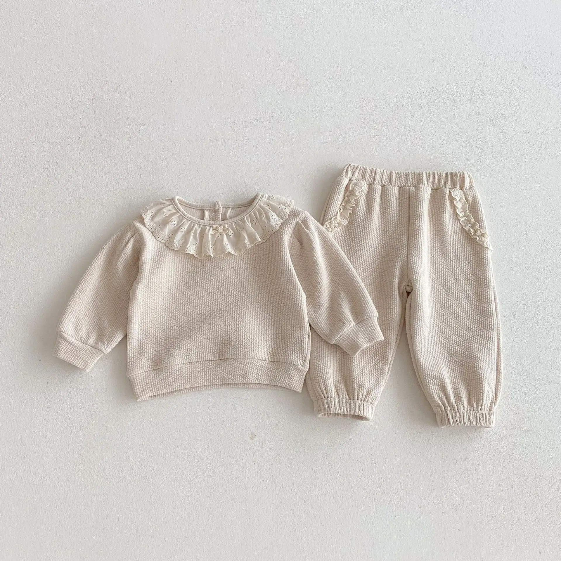 2026 frühjahr Neue Baby Langarm Kleidung Set Infant Mädchen Solide Spitze Kragen Sweatshirt + Hosen 2 stücke Anzug Kleinkind baumwolle Outfits