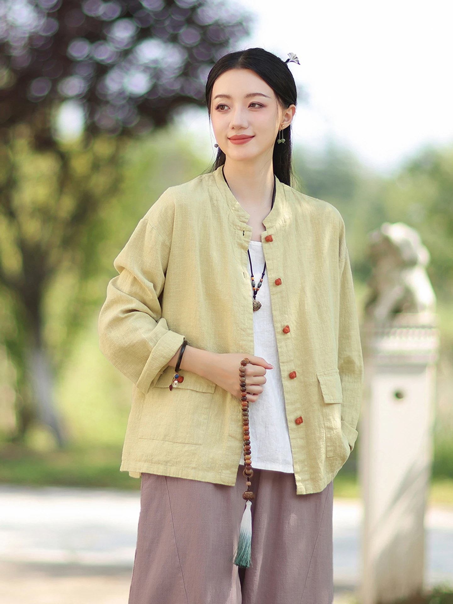 New Chinese Style Cotton Linen Button up Women's Outerwear Breathable High End Tussah Silk Simple Design Spring Fashion