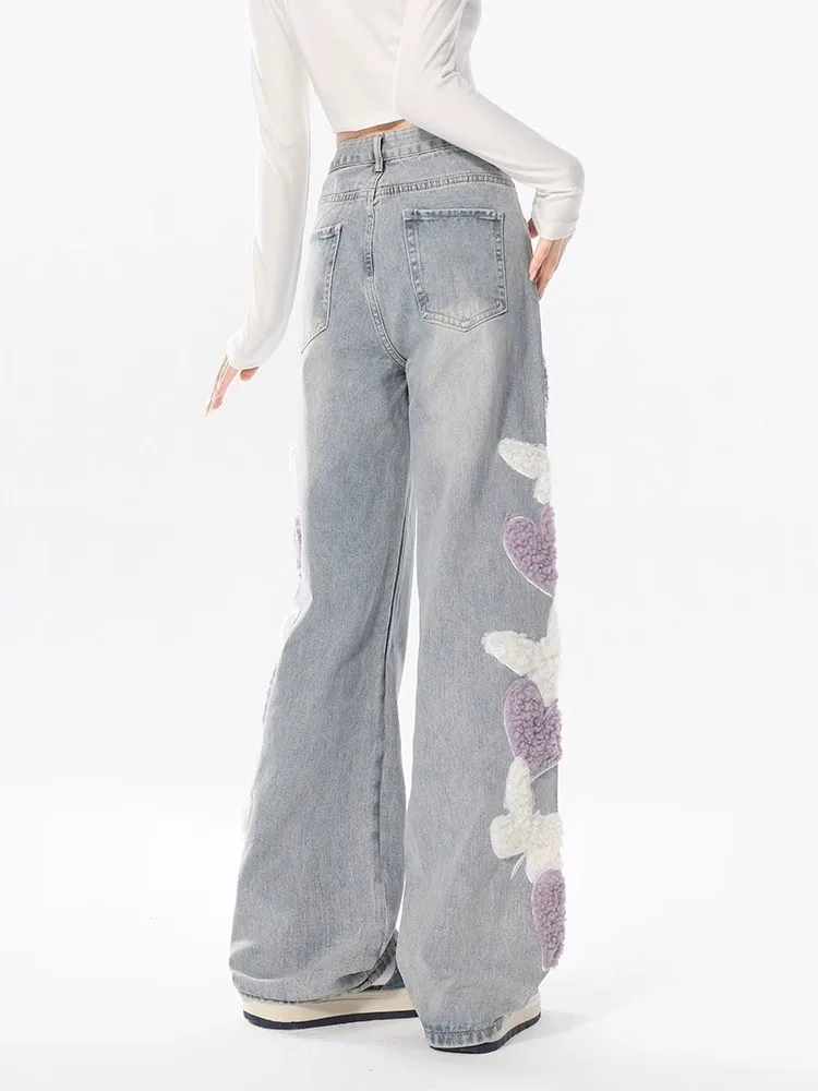 Pantalones vaqueros holgados de cintura alta para mujer, Vaqueros coreanos a la moda de otoño e invierno con bordado en forma de corazón, pantalones de pierna ancha rectos azules, talla grande 2XL-6XL