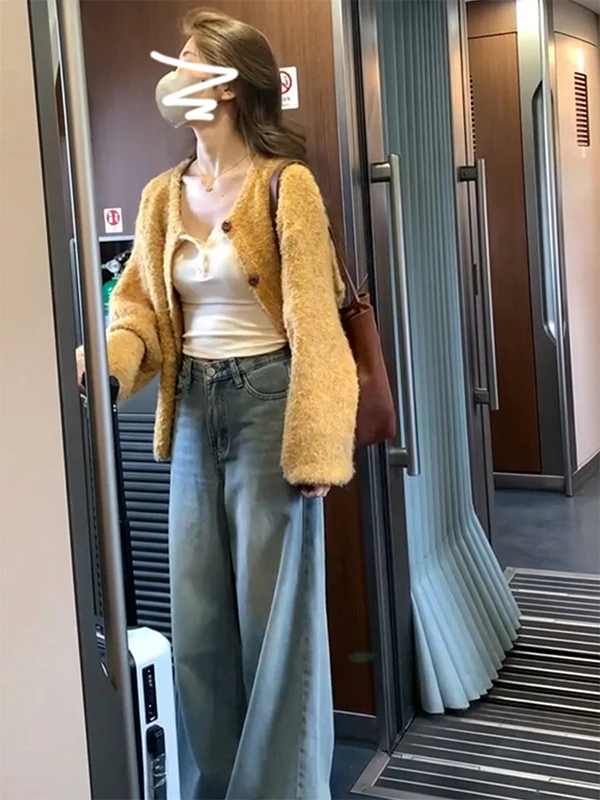 

Ladies' Yellow Knitted Loose Sweater Coat Autumn Winter New Design Lazy Sle Open Cardigan Warmth Faion Trend Ins Sle