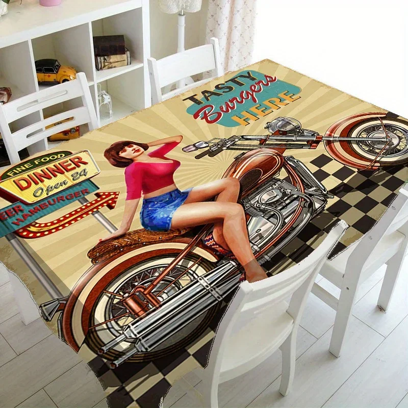 One vintage-style tablecloth with a Pin-Up motorcycle design.PMJ