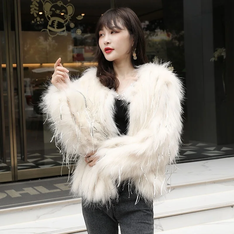 

Ms Warm Fur Coat Of Cultivate One's Morality Luxury Raccoon Fur Knitting Coat Fashionable Tassel Ornament Outdoor Elegant Coat