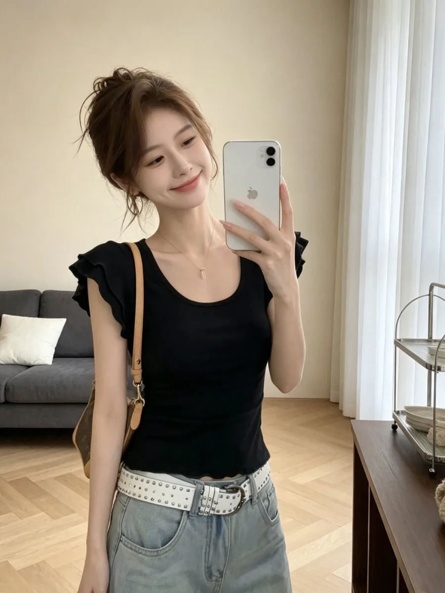 Black Slim Fit Short Sleeve T-Shirt Women's Summer New Sweet Style Double Layer Flounce  Top Korean Style Commute Wind