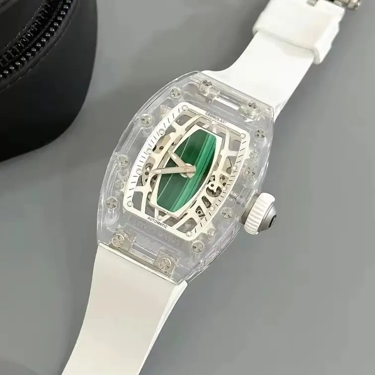 CRONUSART Women Automatic Watch 31.5mm Tonneau Ladies Mechanical Wristwatch Acrylic Case Sapphire FKM Strap Natural Stone Dial
