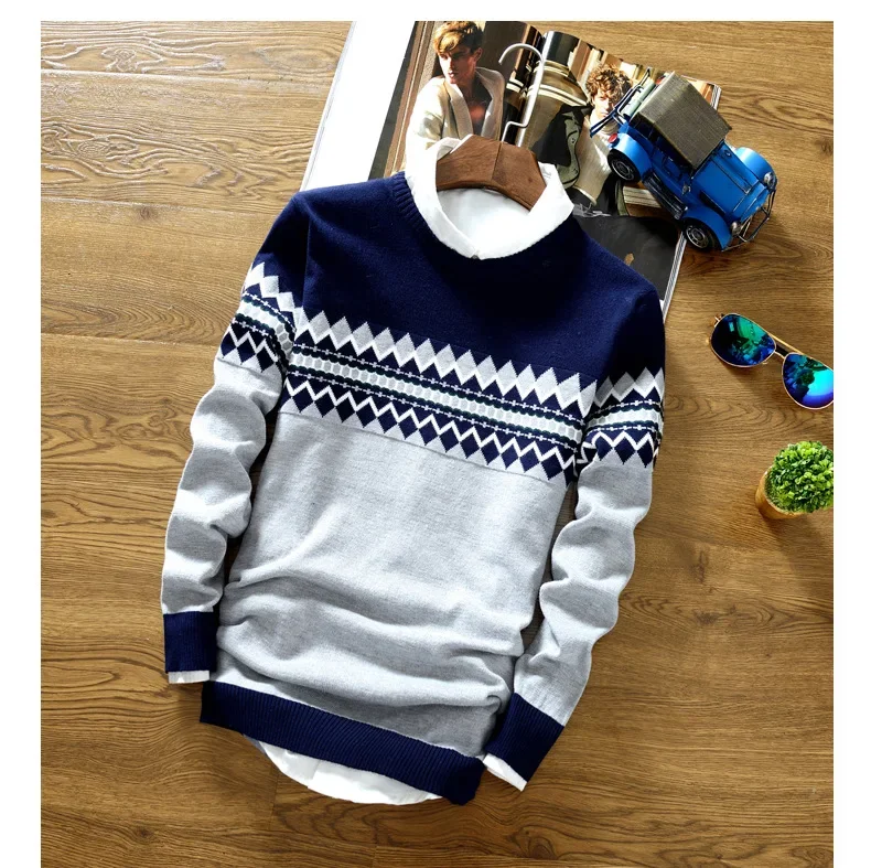 Men Spliced O Neck Jumpers Knitted Sweater Long Sleeve Pullovers Striped Casual Loose Fit Slight Strech Standard Wool Winter