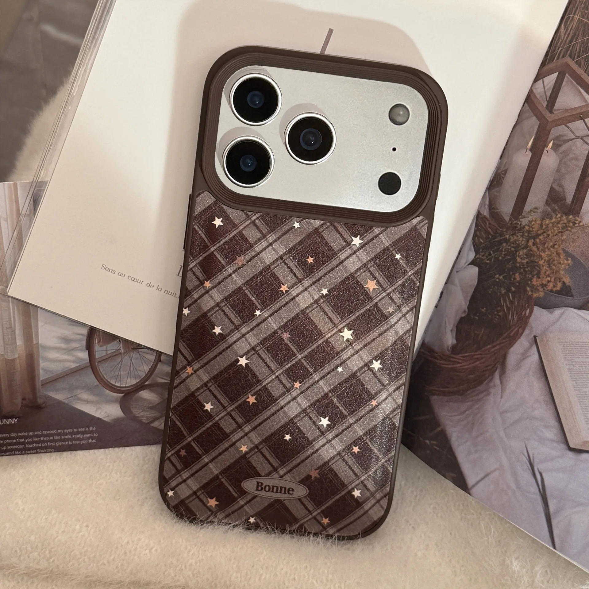 Korean Geometric Checkered Pattern Stars Leather Texture Phone Case for iPhone 17 16 15 14 13 12 11 Pro Max Shockproof Cover