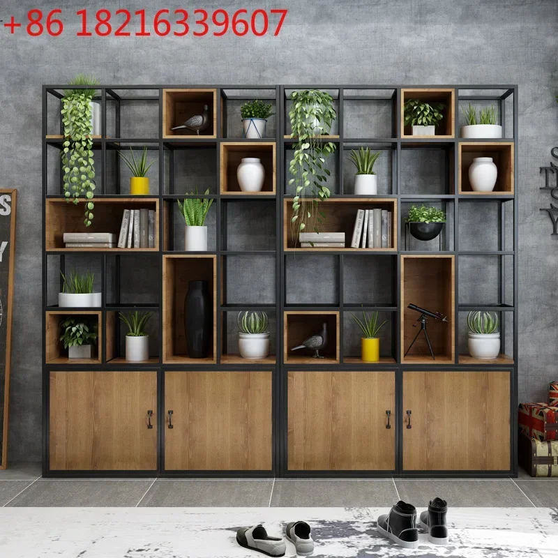 TAO American office rack partition display rack floor-to-ceiling multi-layer living room solid wood screen wrought iron storage