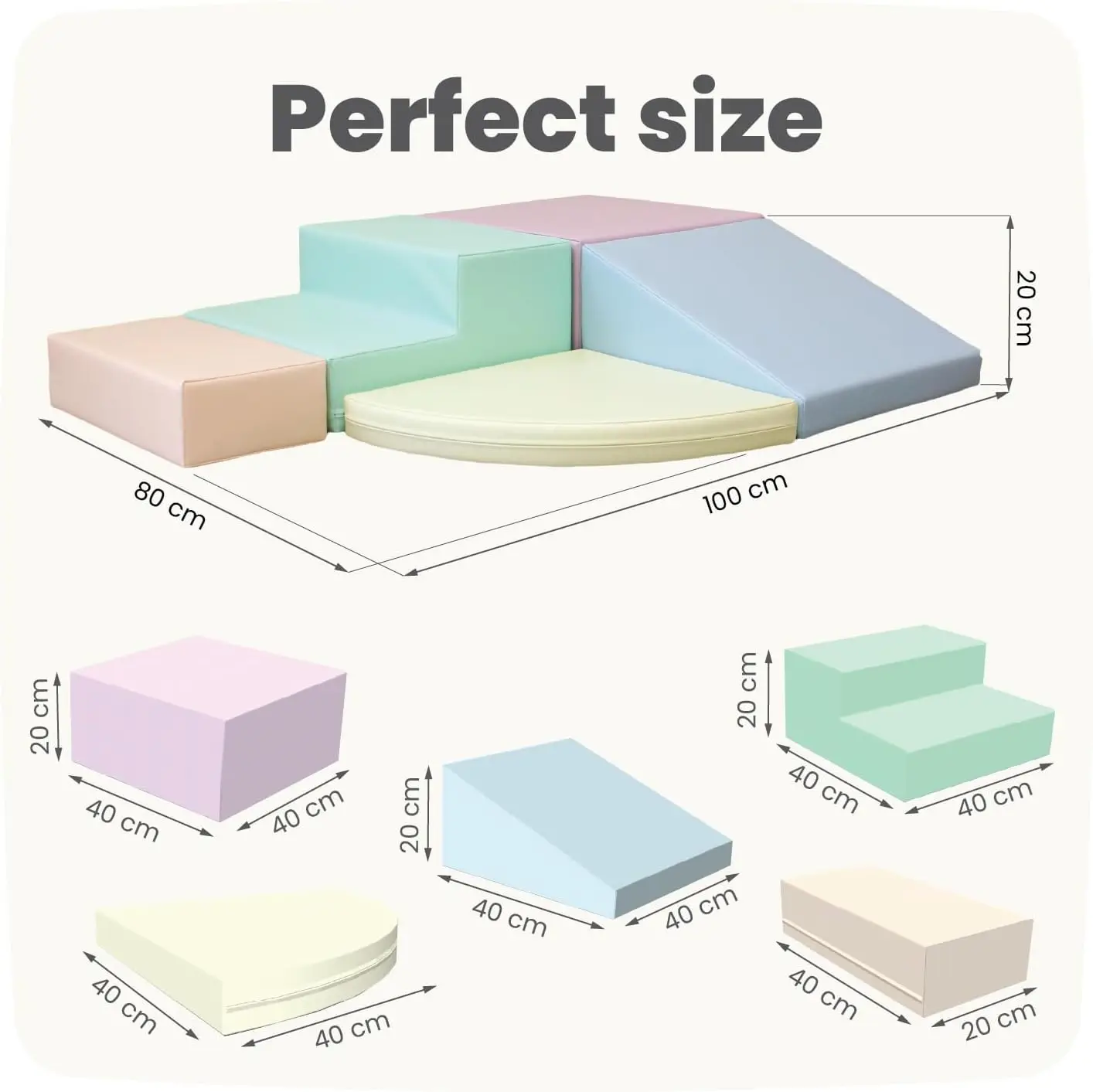 Set 6 Pastel Soft Play Forms, Large Foam Blocks, Baby Slide, Indoor Climbing Toys for Toddlers 1-3, Baby Crawling Helper, Montes
