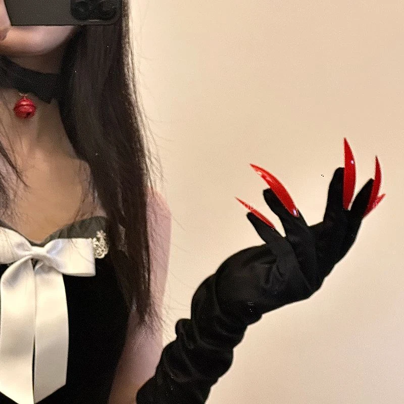 Fashion Halloween Dress Up Gloves Black Red Long Nail Ghost Claw Gloves Stage Perform Gloves Cosplay Party Dress Up Accessories