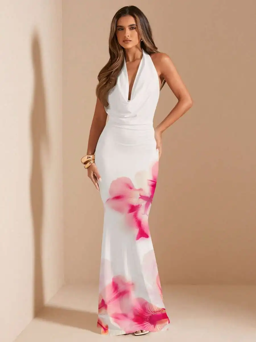 

Белое облегающее макси-платье с цветочным принтом и воротником-халтер для женщин