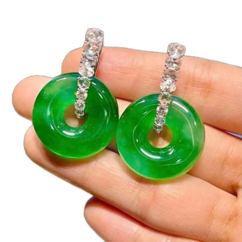 genuine bright peace buckle earrings, natural A-grade, authentic Burmese ice-clear full green jadeite