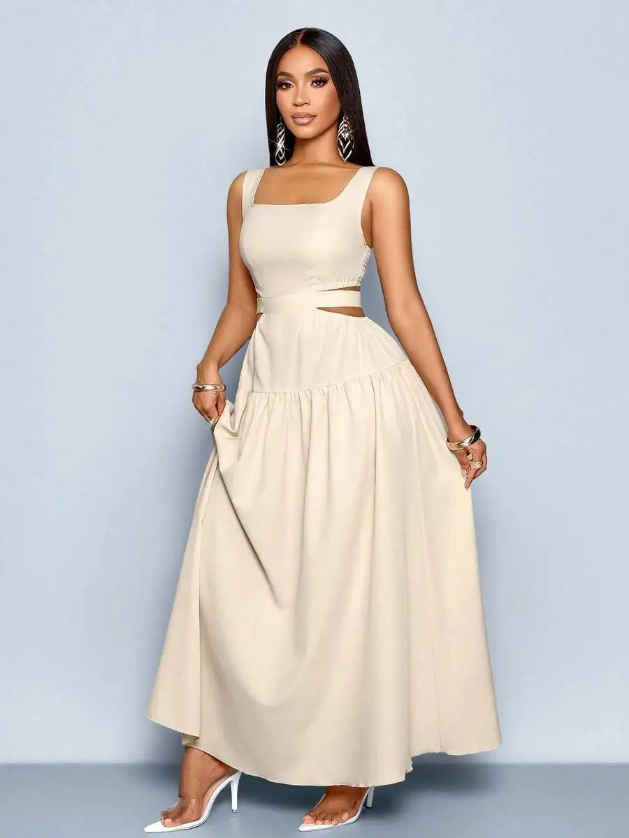 

Elegant Square Neck Waist Cutout Pleated A-Line Maxi Dress in Cream