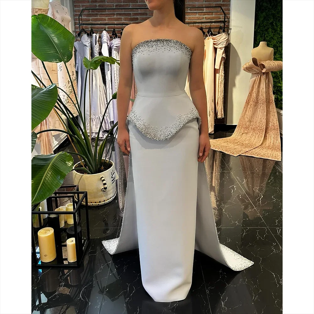 

Customized Fashion Jersey Pleat Sequined Straight Strapless Long Celebrity Luxury Modern Style Formal Classic