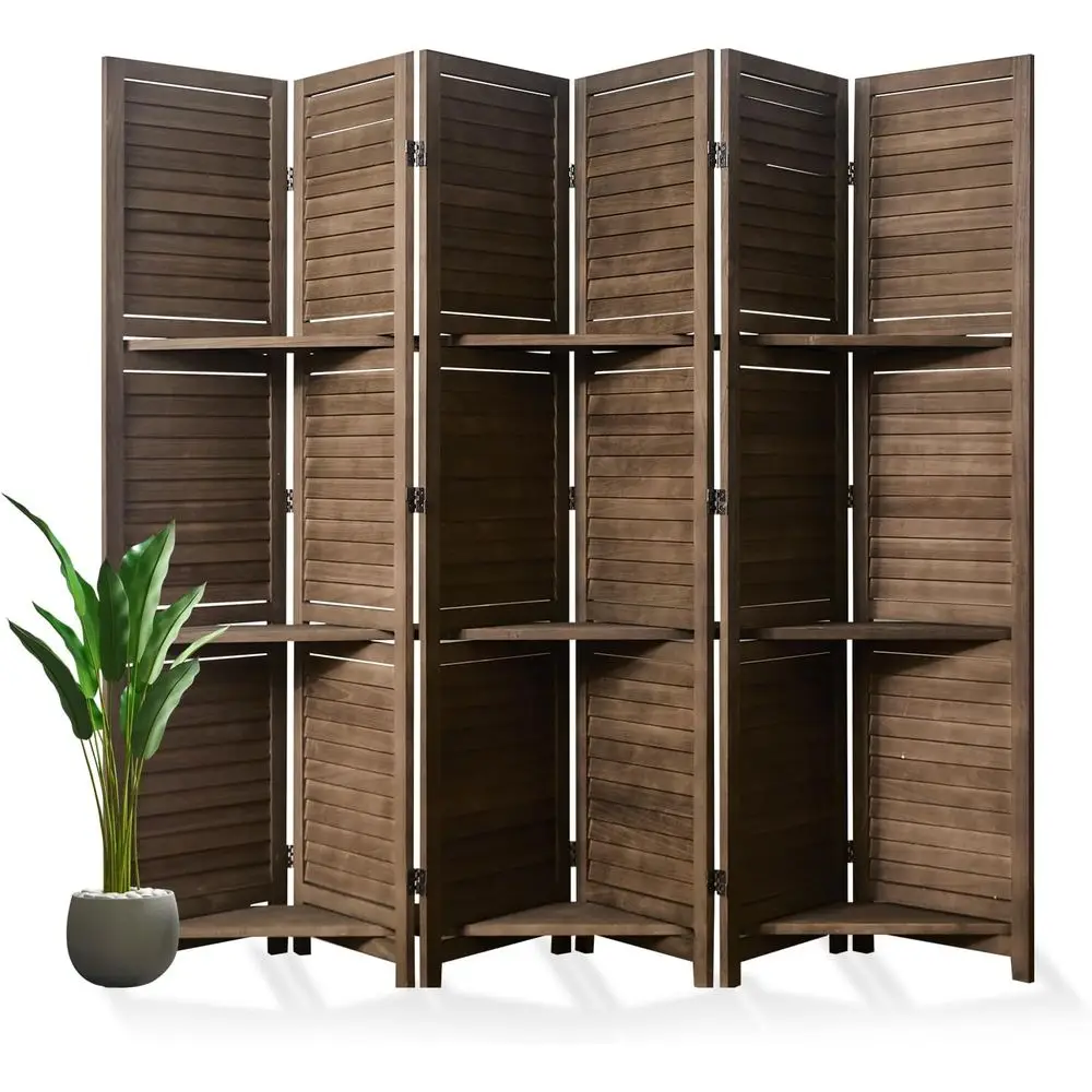 6-Panel Brown Wooden Room Divider with Shelves for Home Office or Bedroom Decor