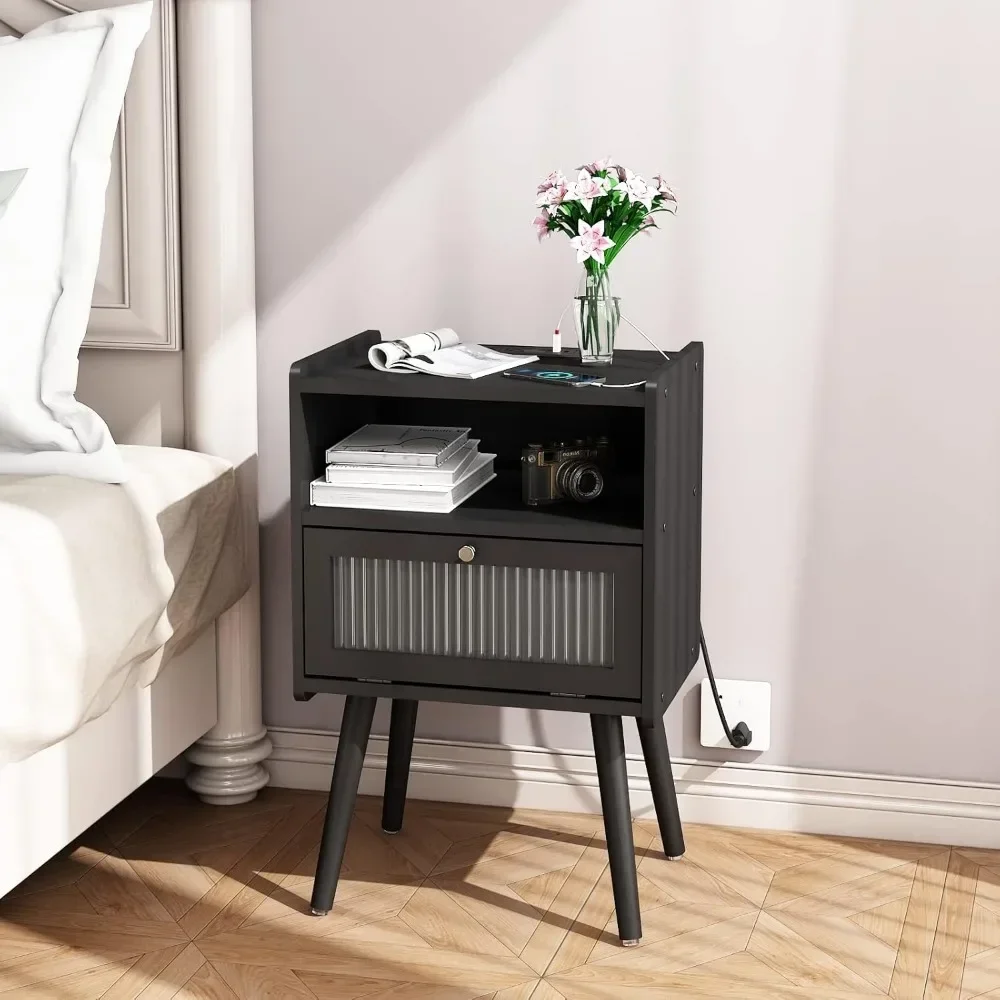 Century Modern Nightstand with Charging Station, Bedside Tables with Glass Decorative Door, End Table Side Table with 2 Tiers