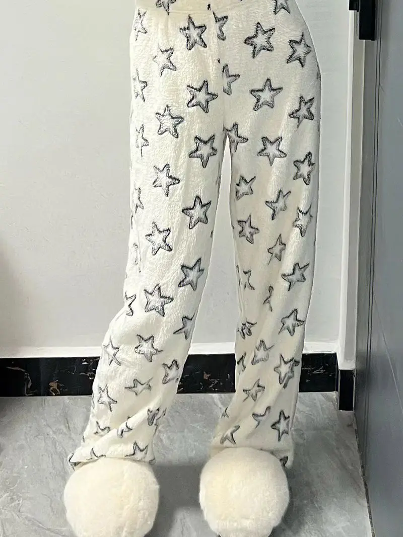 Fashion Star Fluffy Pj pigiama pantaloni Y 2k Kawaii Casual Cute White Sleepwear pantaloni di peluche donna Home pigiama pantaloni pantaloni