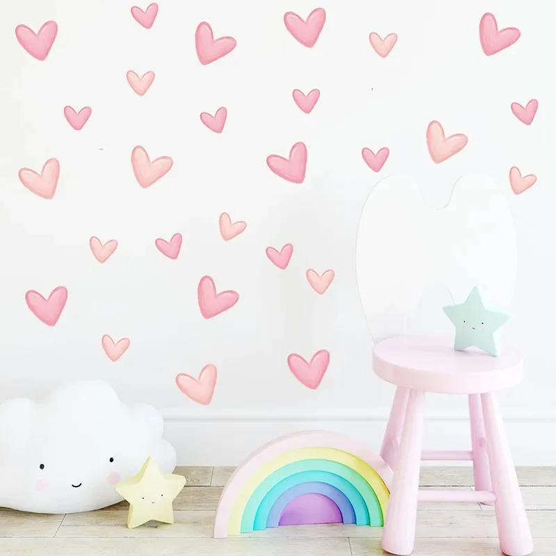 60pcs=6 Sheets Pink Heart Wall Stickers Big Small Hearts Art Wall Decals for Children Baby Girls Room Nursery Wallpapers Decor