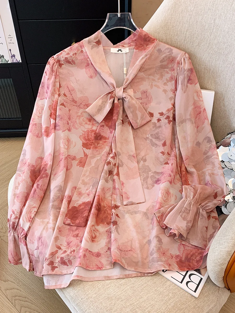 

150Kg Plus Size Women's Bust 157 Spring Autumn Long Sleeved V-Neck Floral Print Chiffon Shirt 5XL 6XL 7XL 8XL 9XL