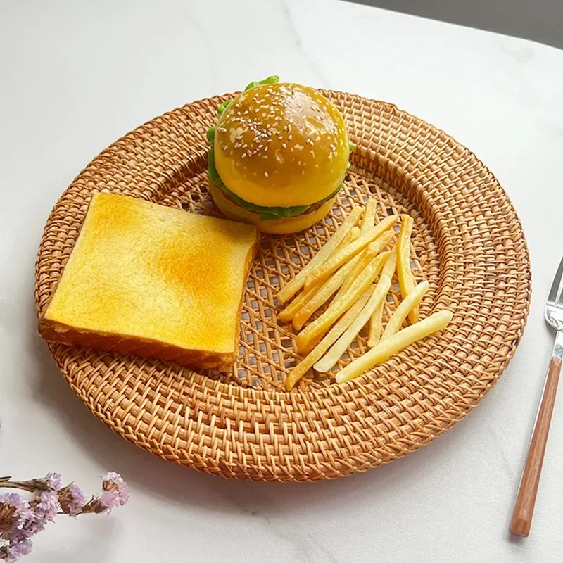 

13 Inch Handmade Natural Rattan Plate Decorative Round Placemat Bread Snack Serving Tray INS Table Decor