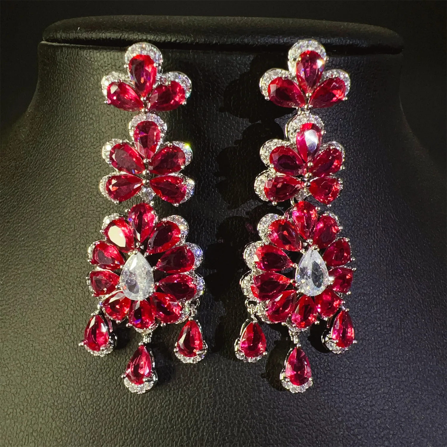 

Gorgeous flower earrings red green blue white zirconia crystal shiny jewelry wedding bridal dinner party women earrings long