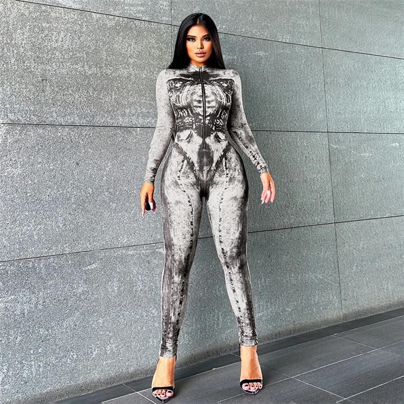 Fitness Printing Women Skinny Jumpsuits Long Sleeve Zipper Front Mock Neck Rompers 2023 Fall Winter Sexy Night Party One Piece