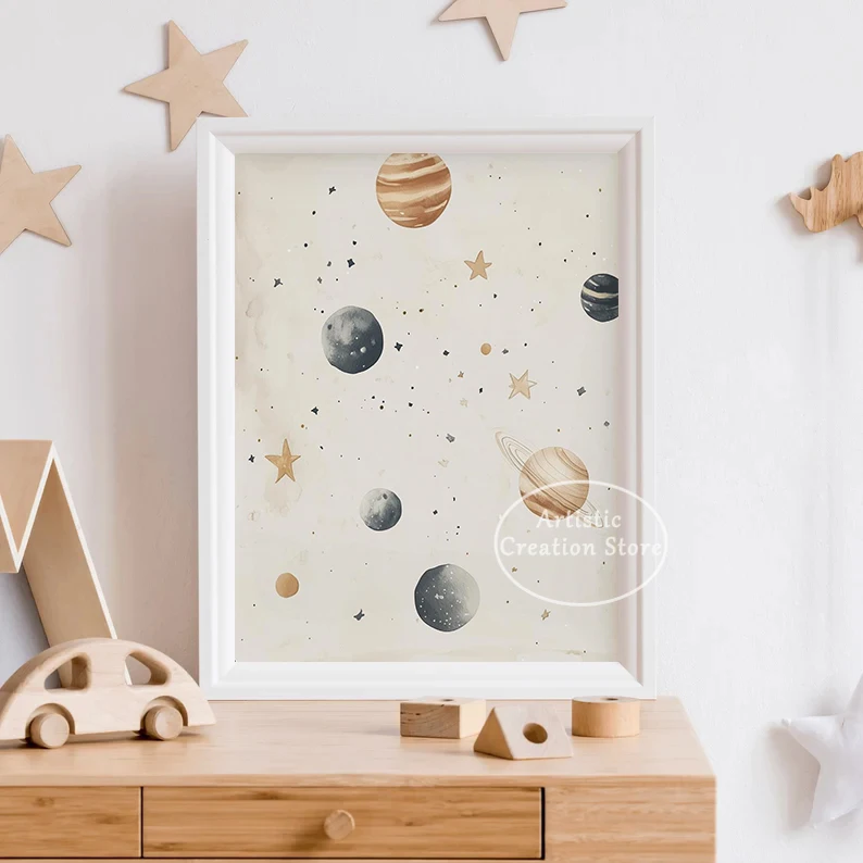 Neutral Solar System Outerspace Rocket Astronaut Moon Saturn Poster Canvas Painting Wall Art Pictures Home Playroom Decor
