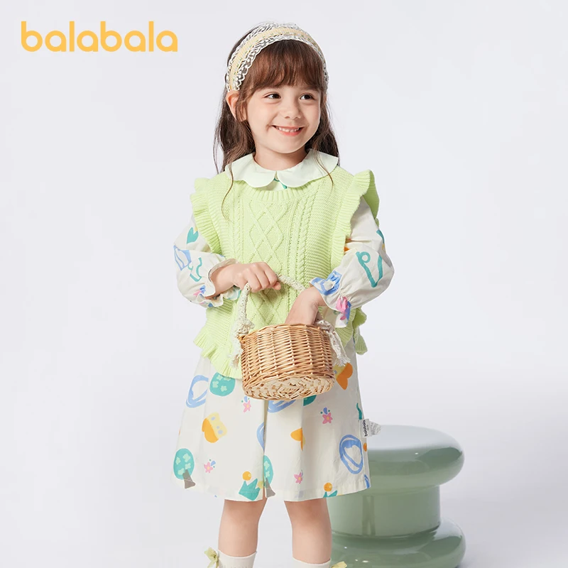 Balabala Girls Dress Set 2024 Spring New Edition Children Clothing Toddler Baby Two-Piece Dress Set Stylish