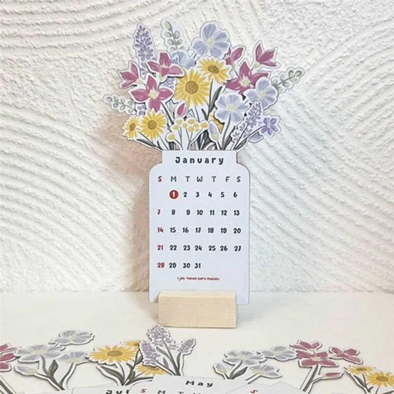 2024 Desk Calendar With Base Flower Small Desk Calendar MDF 2024 Desk Calendar Planner, Desk Planner